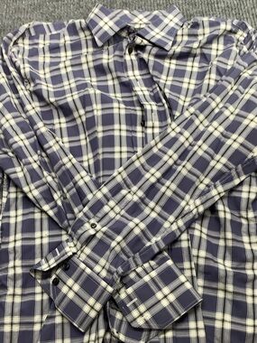 Men's Navy and White Plaid Casual Button-Down Shirt